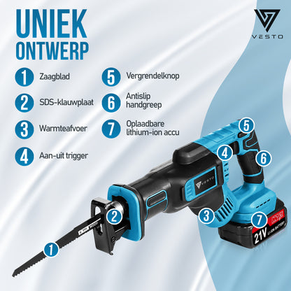 Vesto® Accu Reciprozaag – Incl. 2 Accu’s, Zaagbladen & Koffer – Voor Hout, Metaal & Kunststof