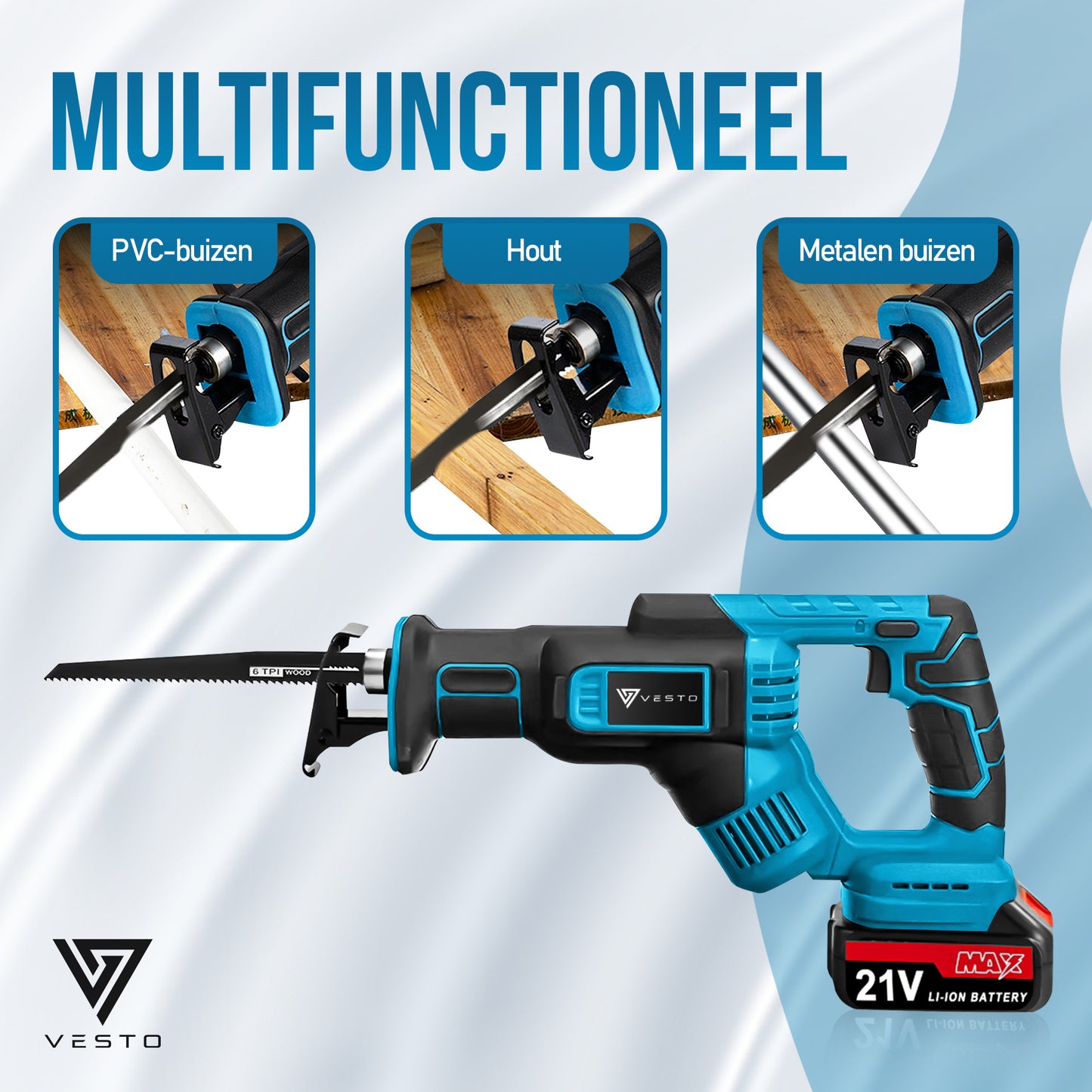 Vesto® Accu Reciprozaag – Incl. 2 Accu’s, Zaagbladen & Koffer – Voor Hout, Metaal & Kunststof