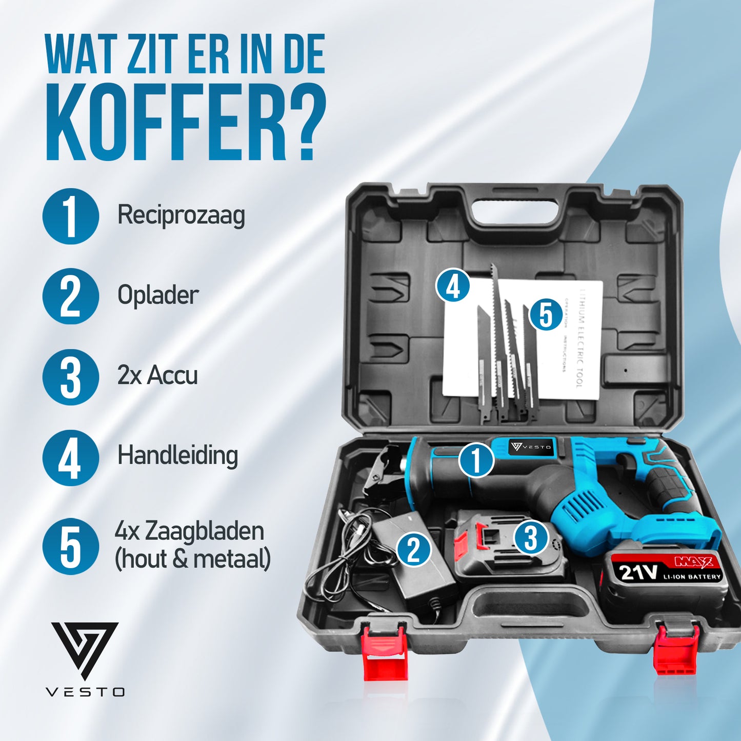Vesto® Accu Reciprozaag – Incl. 2 Accu’s, Zaagbladen & Koffer – Voor Hout, Metaal & Kunststof