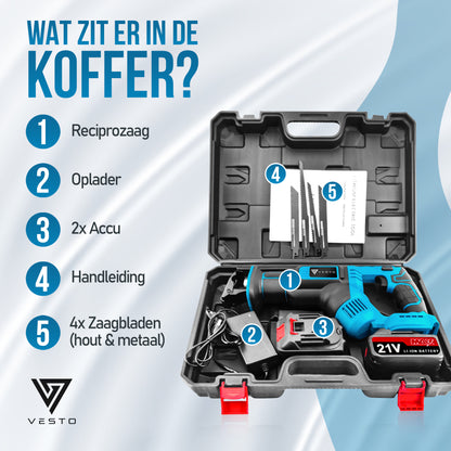 Vesto® Accu Reciprozaag – Incl. 2 Accu’s, Zaagbladen & Koffer – Voor Hout, Metaal & Kunststof